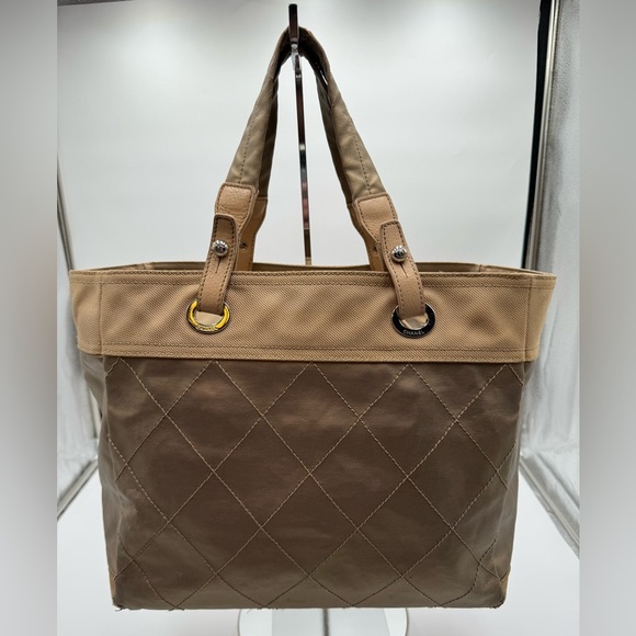 Chanel-Authentic-Paris Biarritz Tote GM Bag Shoulder Coated Canvas Leather Gold. - Picture 1 of 14